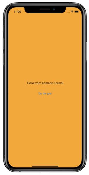 Snímek obrazovky ukazuje zprávu Hello z Xamarinu dot Forms na mobilním zařízení.