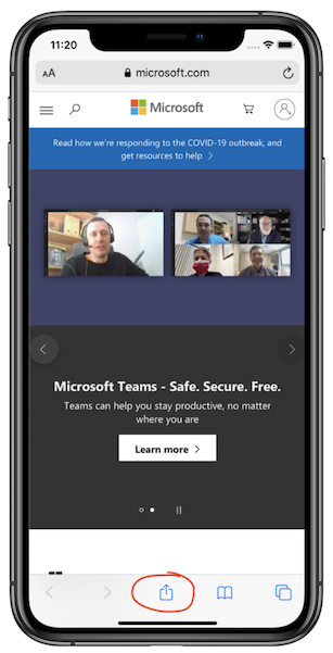 Snímek obrazovky ukazuje stránku Další informace o Microsoft Teams se zvýrazněnou ikonou Sdílet na mobilním zařízení.