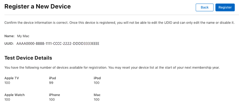 Screenshot shows the Register a New Device page where you can confirm the name and U U I D.