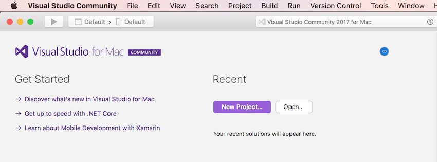 Hlavní rozhraní Visual Studio pro Mac