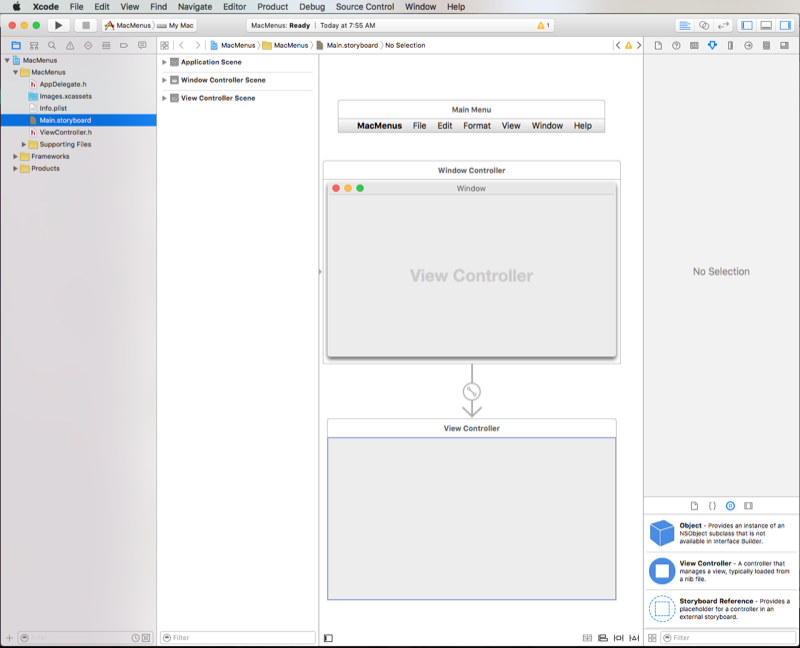 Úprava uživatelského rozhraní v Xcode zobrazující hlavní tečku scénáře