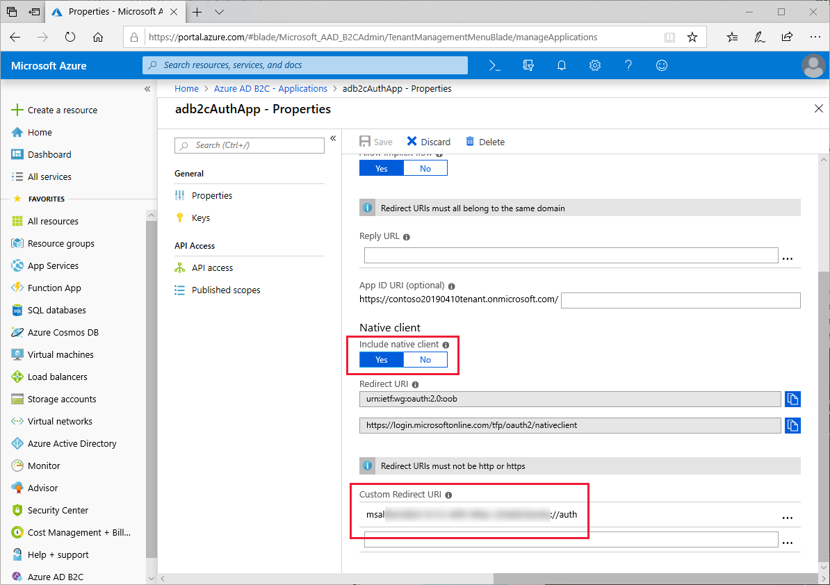 Vlastní identifikátor URI přesměrování v zobrazení vlastností aplikace Azure