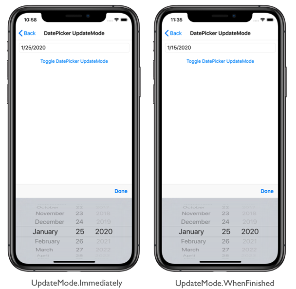 Snímek obrazovky s režimy aktualizace DatePicker