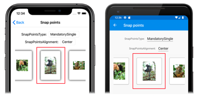 Snímek obrazovky s objektem CarouselView se středovými body přichycení v iOSu a Androidu