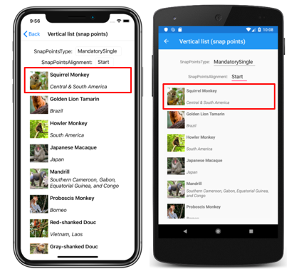Snímek obrazovky se svislým seznamem CollectionView s počátečními body přichycení v iOSu a Androidu