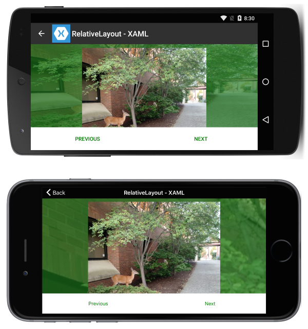 Snímek obrazovky znázorňující aplikaci Photo RelativeLayout v orientaci na šířku