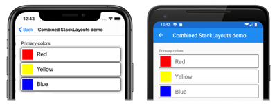 Snímek obrazovky s vnořenými objekty StackLayout