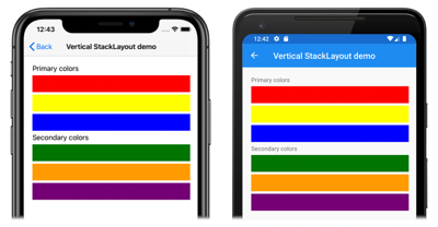 Snímek obrazovky s svisle orientovaným objektem StackLayout