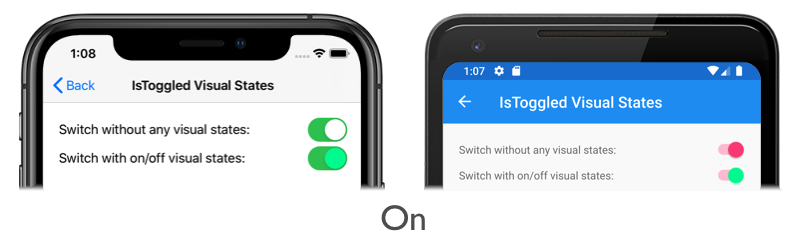 Snímek obrazovky s přepínačem ve VisualState v iOSu a Androidu