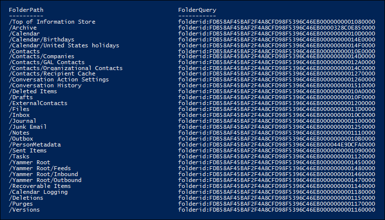 Example of the  list of mailbox folders and folder IDs returned by the script.