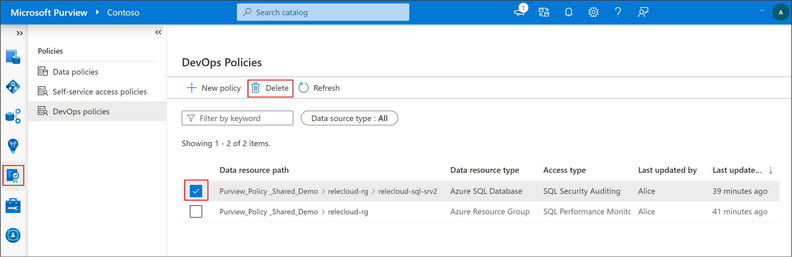 Screenshot that shows selections for deleting a SQL DevOps policy.