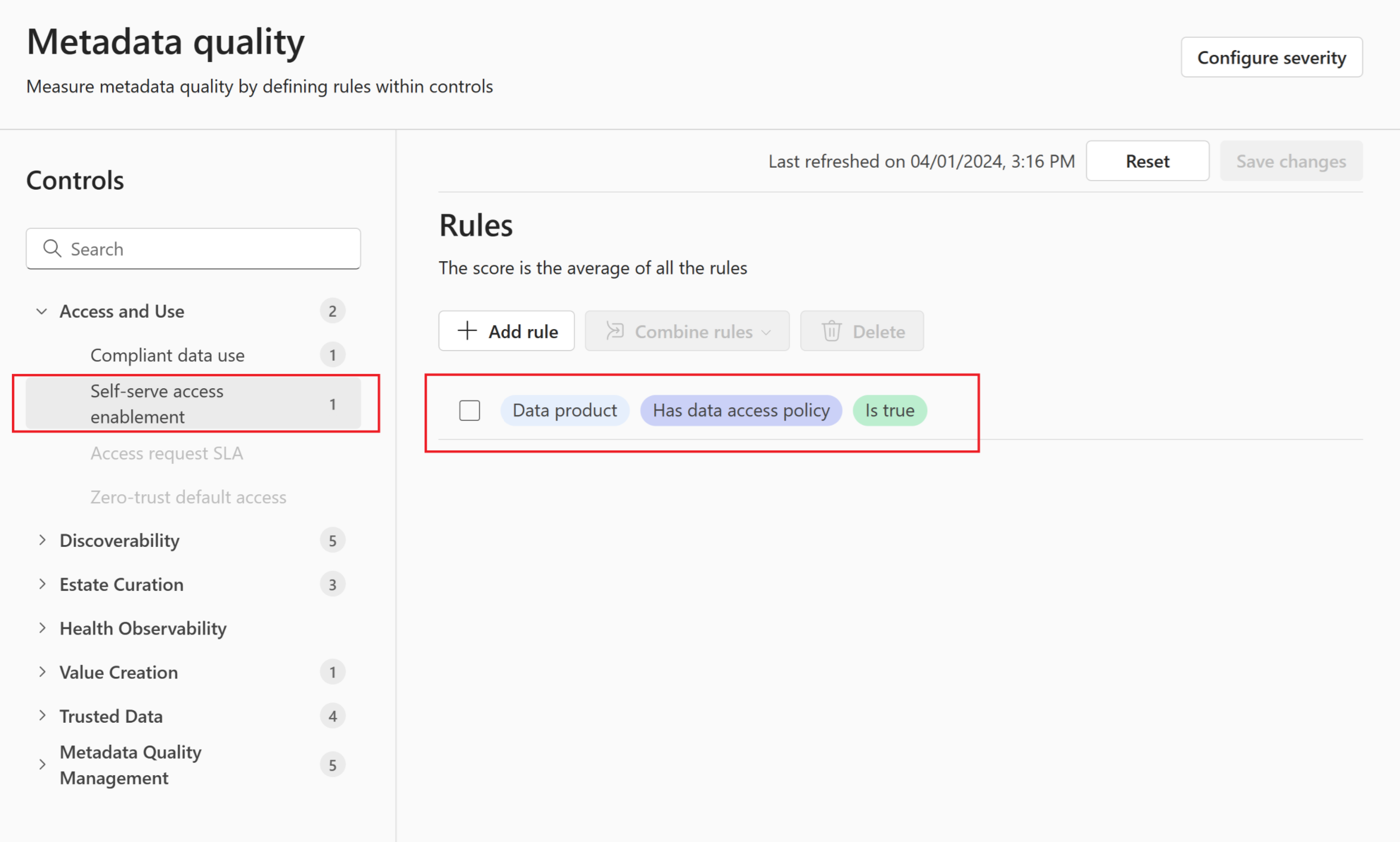 Screenshot of the metadata quality page, with a control selected and it's rule highlighted.