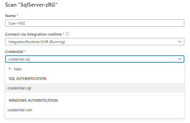 Screenshot that shows selecting a credential for a scan.