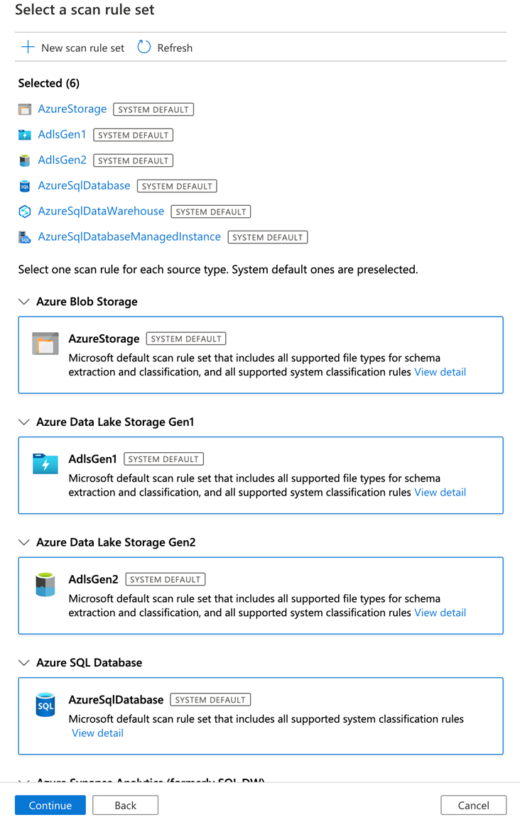 Screenshot that shows scan rules for each resource type.