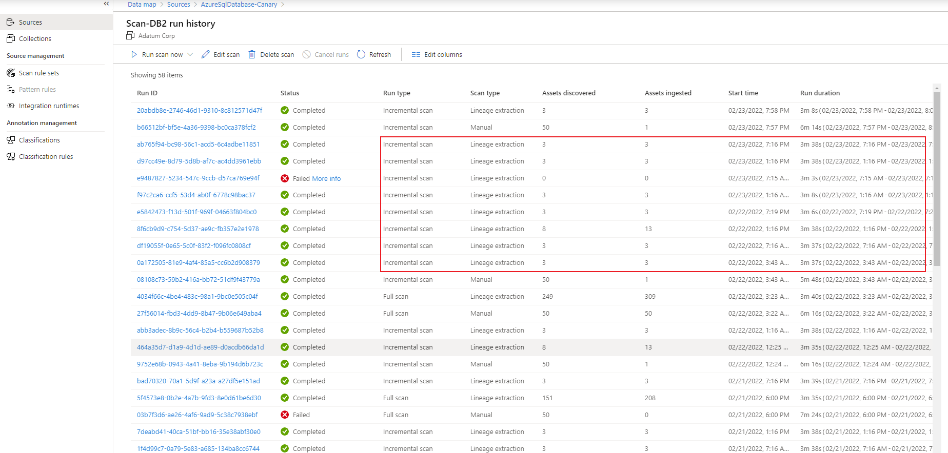 Screenshot that shows the screen that runs lineage extraction every six hours.