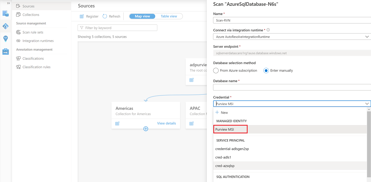 Screenshot that shows credential and collection information for the managed identity option to run a scan.