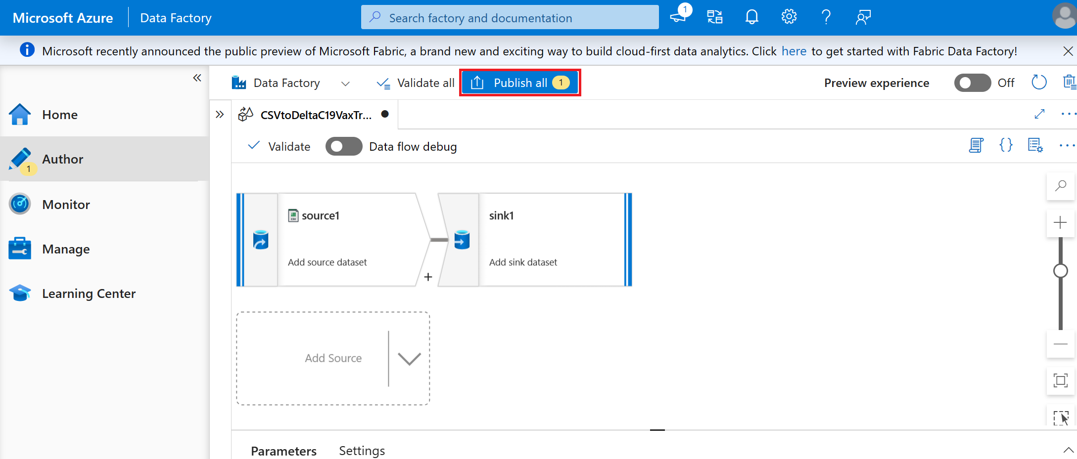 Screenshot of publishing the dataflow.