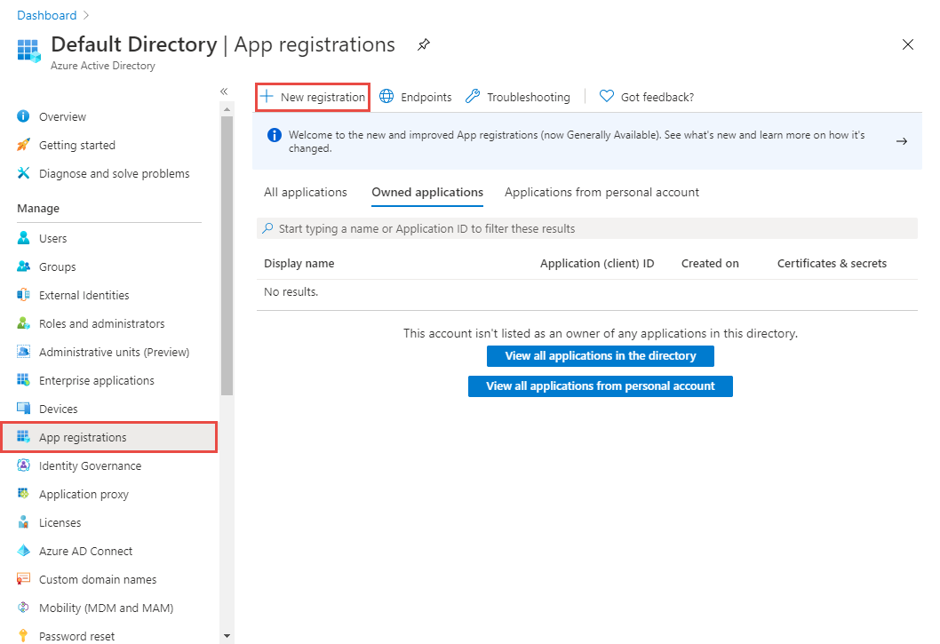 Snímek obrazovky se stránkou Registrace aplikací s vybraným odkazem Na novou registraci