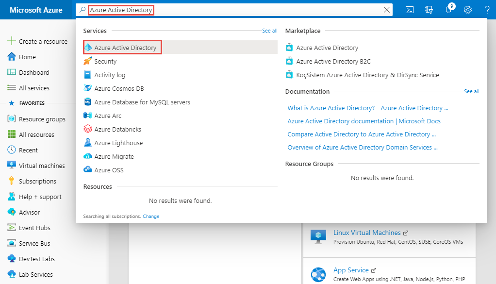 Vyhledejte Azure Active Directory a vyberte ji.