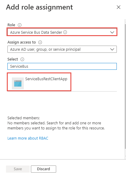 Přidání aplikace do role odesílatele dat Azure Service Bus