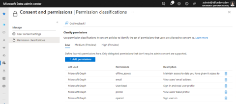 Snímek obrazovky Centra pro správu Microsoft Entra – Klasifikace oprávnění, která konfiguruje klasifikace oprávnění, které umožňují souhlas uživatele