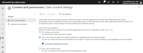 Snímek obrazovky Centra pro správu Microsoft Entra s nastavením souhlasu uživatele, který konfiguruje souhlas pro aplikace od ověřených vydavatelů