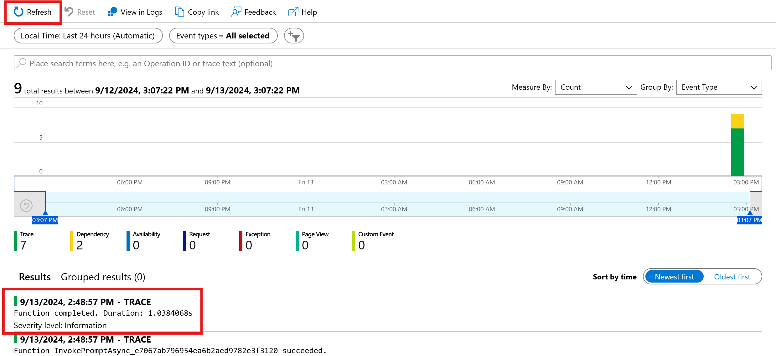 Vyhledávání transakcí AppInsights