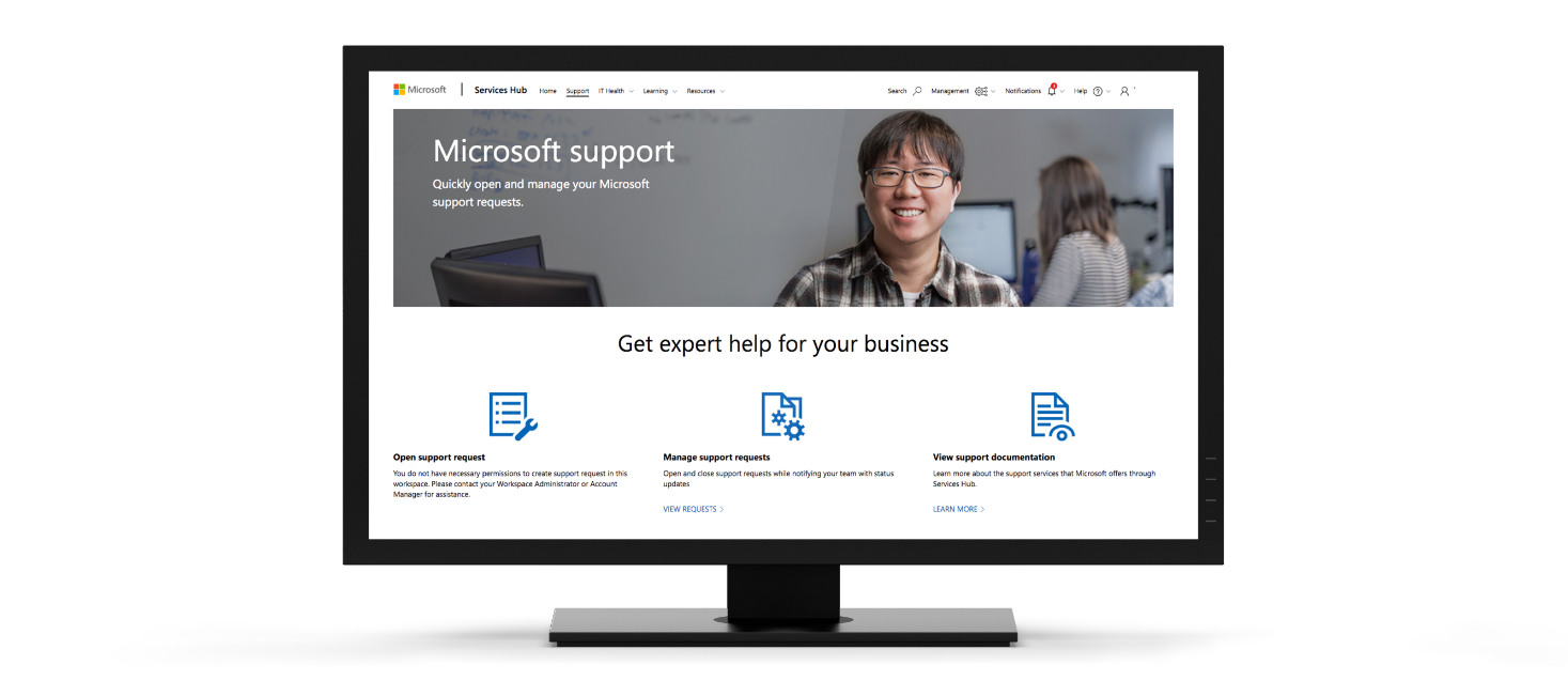 Počítač se službou Microsoft Services Hub na obrazovce