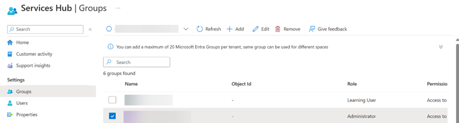 Microsoft Engage Center Groups tab.