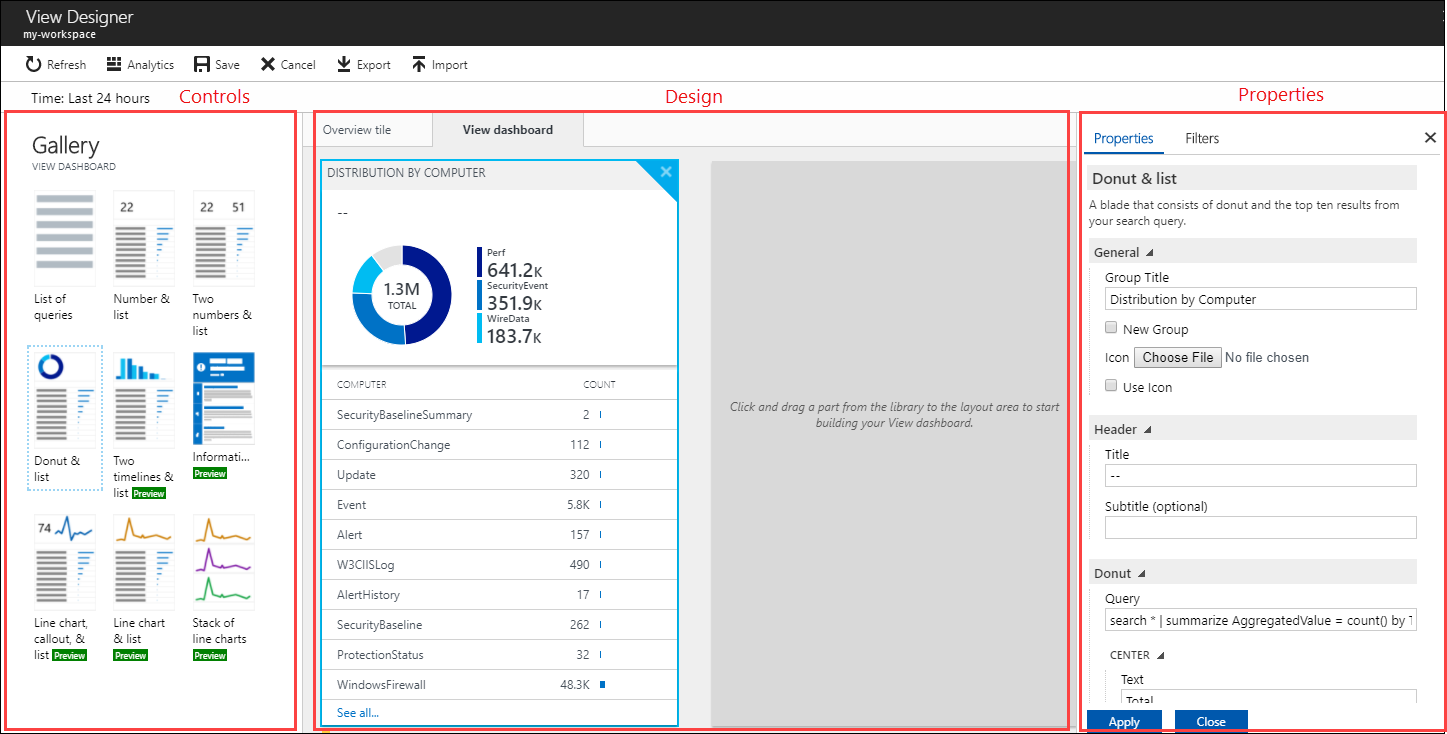 Obrazovka Návrháře zobrazení Azure Log Analytics, kde může uživatel nakonfigurovat svá zobrazení pomocí svých dotazů oddělujících svá prostředí.