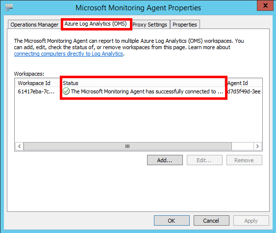 Microsoft Monitoring Agent okno Vlastnosti, který zobrazuje zvýrazněnou kartu Azure Log Analytics a úspěšné připojení.