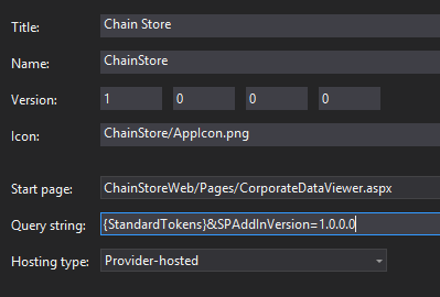 The General tab of the manifest designer. The Version box has the value one zero zero zero. The Query string box says "{StandardTokens}&SPAddInVersion=1.0.0.0"