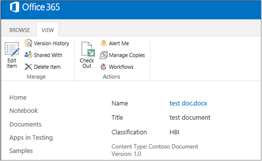 Screenshot showing the metadata of the test document, with HBI in the Classification field.