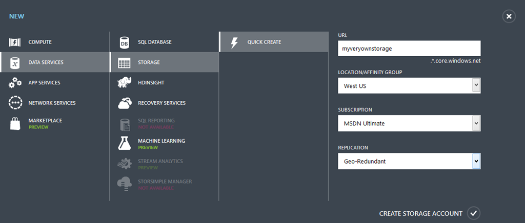 The Quick Create settings: The URL field is set to myveryownstorage, Location/Affinity group is set to West US, Subscription is set to MSDN Ultimate, and Replication is set to Geo-Redundant.