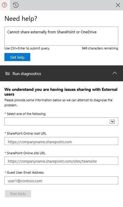 Snímek obrazovky se stránkou Spustit diagnostiku v Centrum pro správu Microsoftu 365