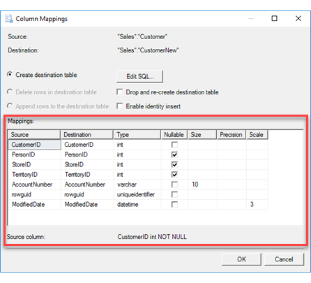 Column mappings page, mappings section