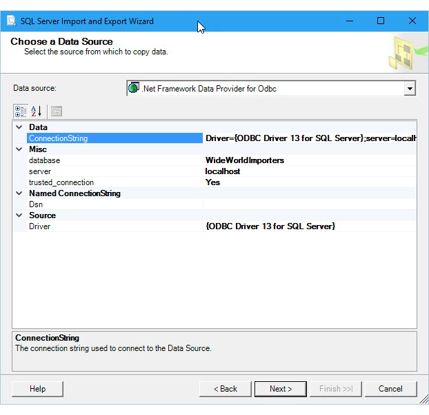 Screenshot of the SQL Server Import and Export Wizard Choose a Data Source menu.