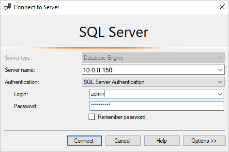 snímek obrazovky aplikace SQL Server Management Studio: Připojení k serveru SQL Database