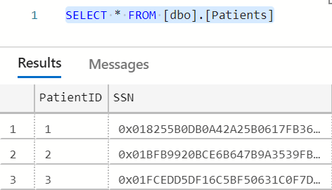 Snímek obrazovky dotazu SELECT * FROM [dbo].[Pacienti] a výstup dotazu zobrazený jako binární šifrované hodnoty.