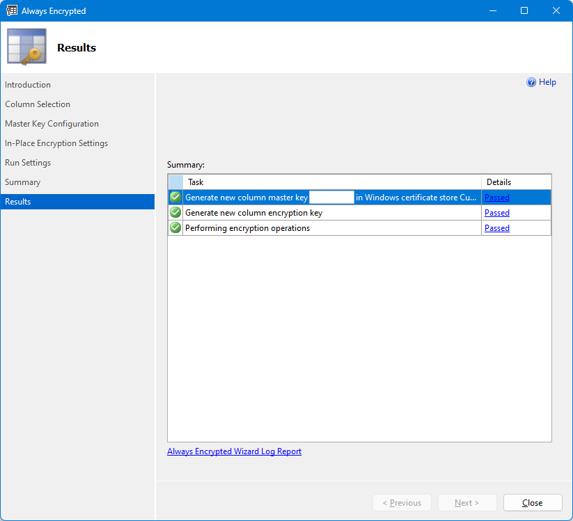 Screenshot of the Always Encrypted Wizard summary.