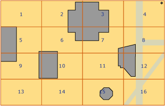 mnohoúhelníky a čáry umístěné do mřížky 4x4 úrovně 1