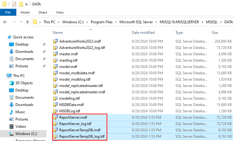 Screenshot of File Explorer. In the Data folder, .mdf and .ldf files are highlighted for the report server database and the temporary database.
