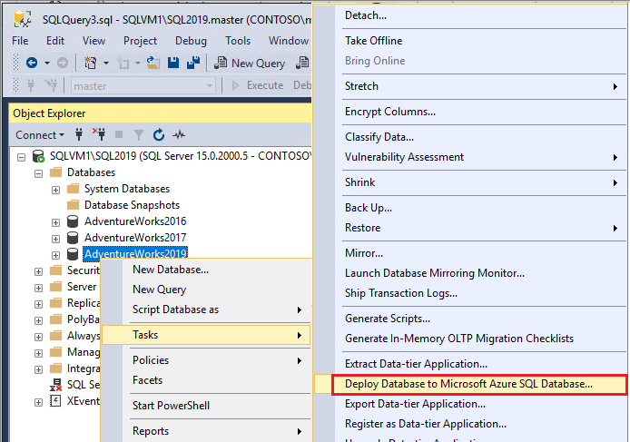 Screenshot of Choose to deploy your database to Microsoft Azure SQL Database from right-clicking your database and selecting Tasks.