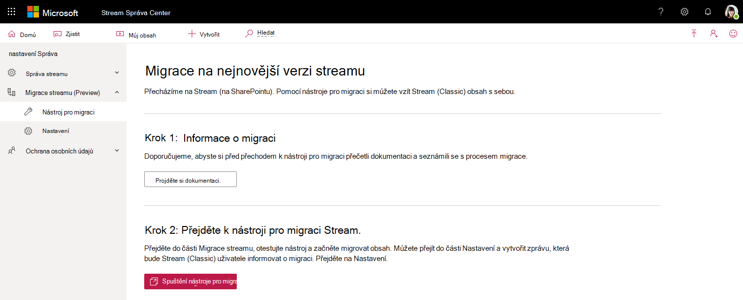 Stránka nástroje pro migraci Stream centru pro správu