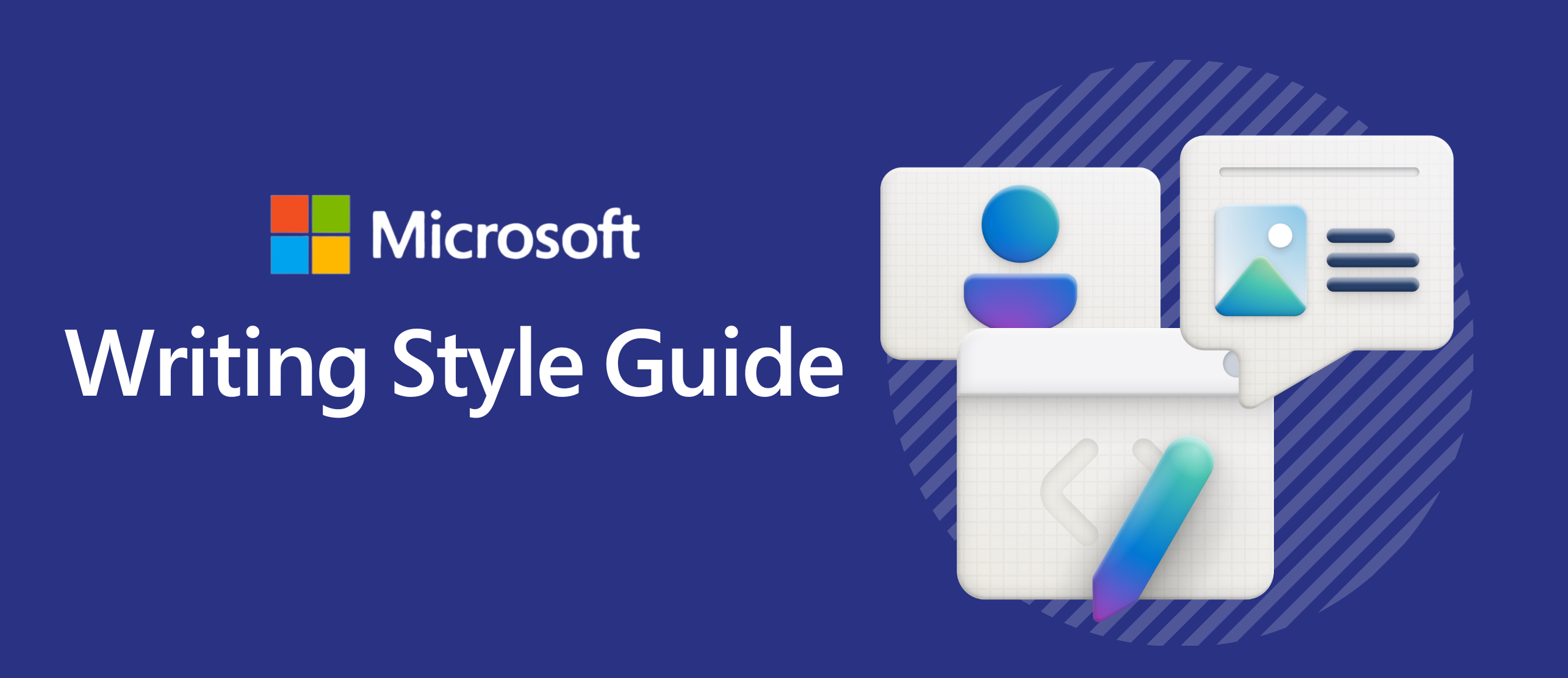 Header image reading Microsoft Style Guide on a background with a cup containing a pencil, pen, ruler, and paintbrush.