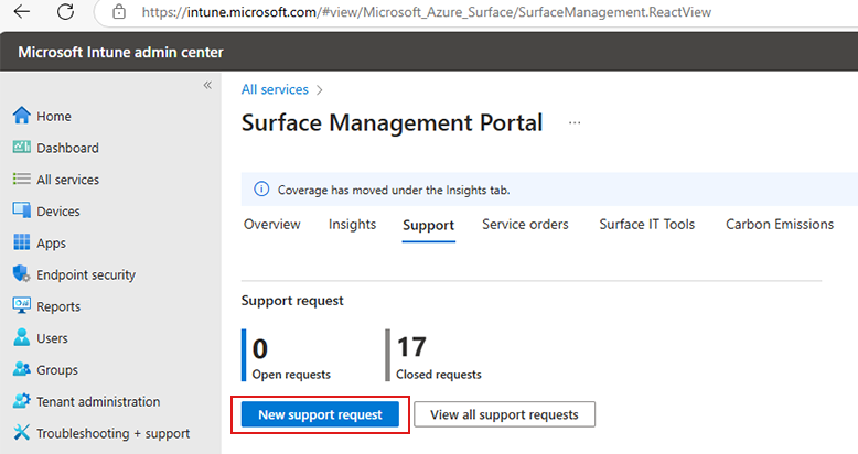 Screenshot that shows where to submit a new support request on the Surface Management Portal.