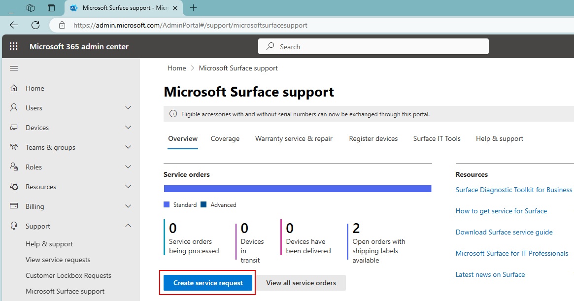 Screenshot of Surface Support Portal.