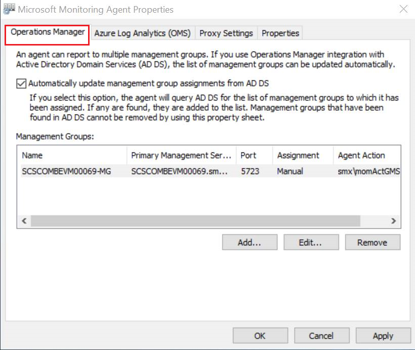 Snímek obrazovky s agentem Microsoft Monitoring Agent