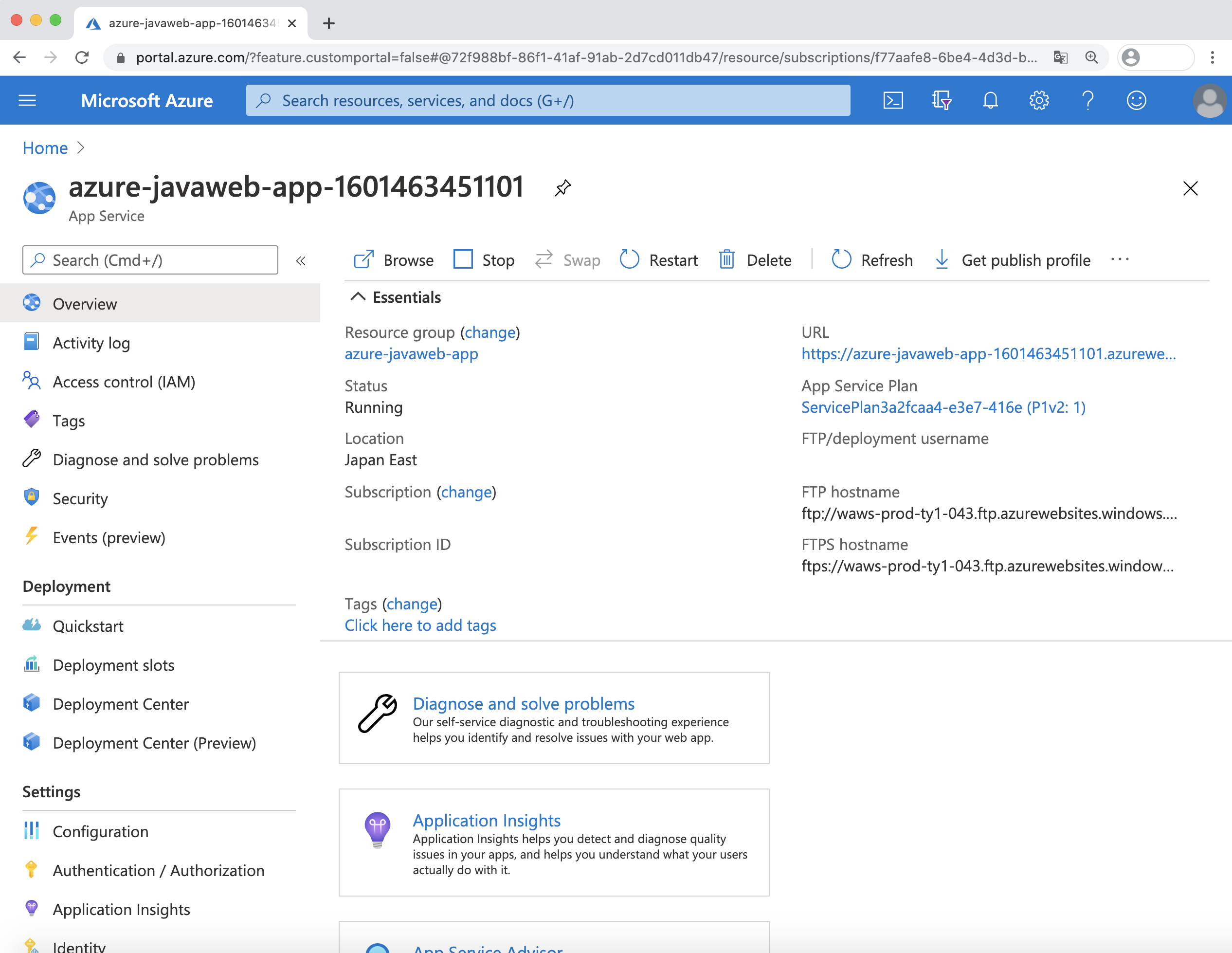 snímek obrazovky webu Azure Portal