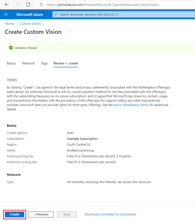 Snímek obrazovky, který zvýrazní prvky, které se mají vybrat na webu Azure Portal, a vytvoří nový prostředek Custom Vision